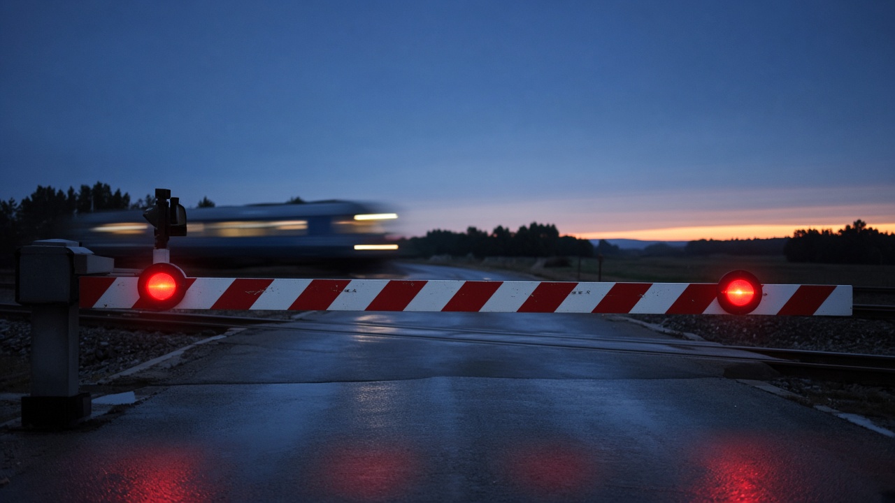 A lowered railroad crossing barrier with glowing red lights across a wet road at dusk, a train blurring past behind it