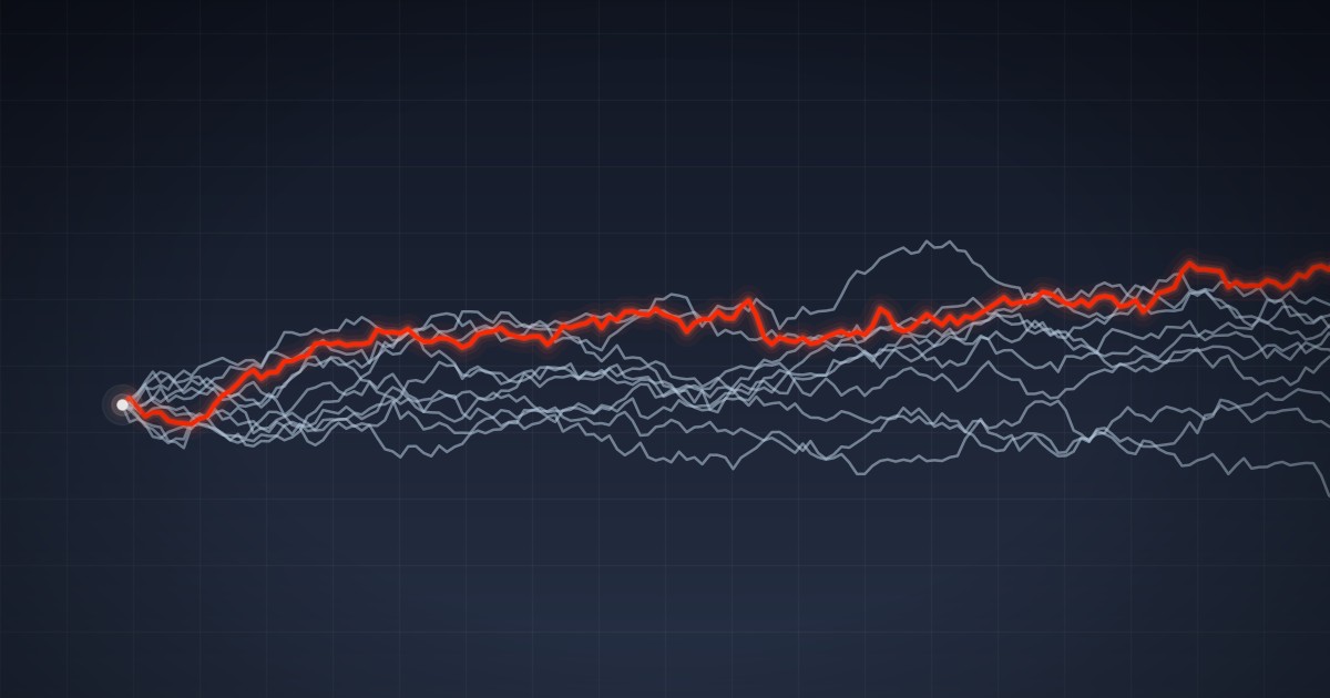 Eleven thin gray lines wandering right from a single bright starting point on a dark background, spreading apart as they go, with one glowing red line among them ending highest