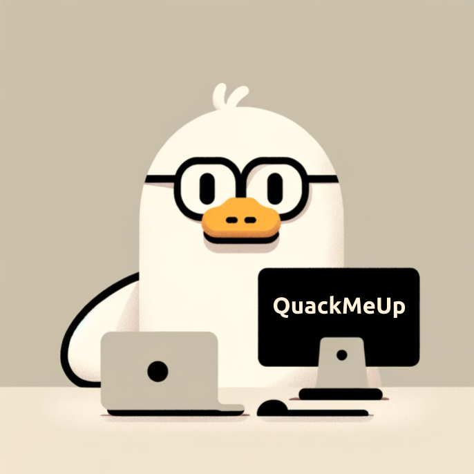 A cartoon duck with glasses sitting at a computer whose screen reads QuackMeUp