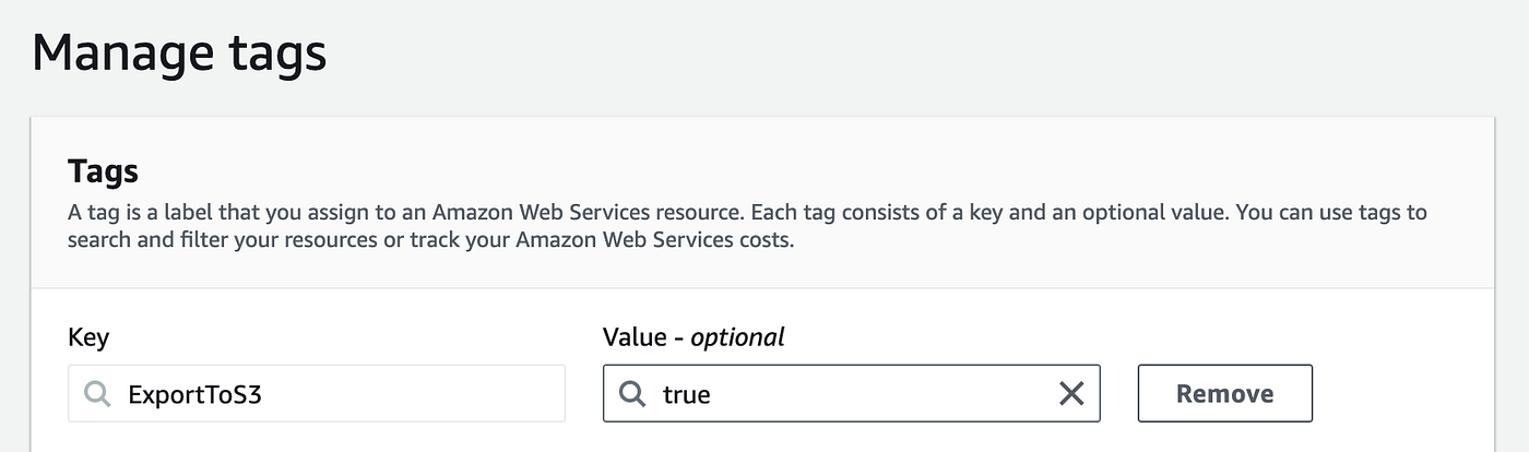 The CloudWatch Log Groups page with an ExportToS3 tag set to true