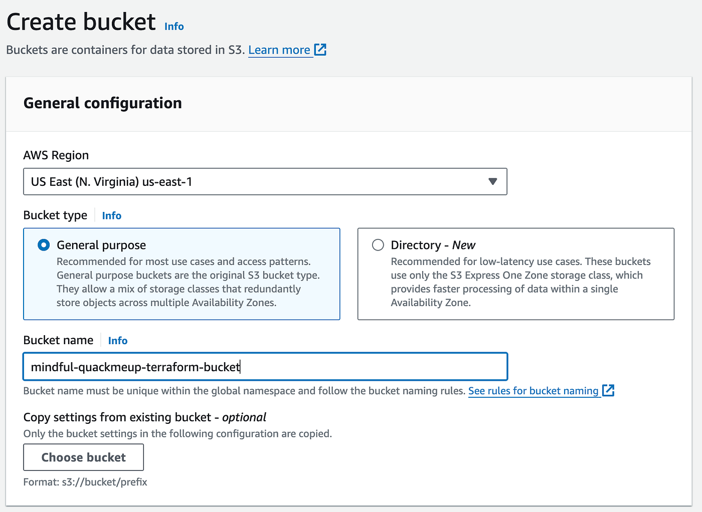 The AWS Console Create bucket form for the Terraform state bucket