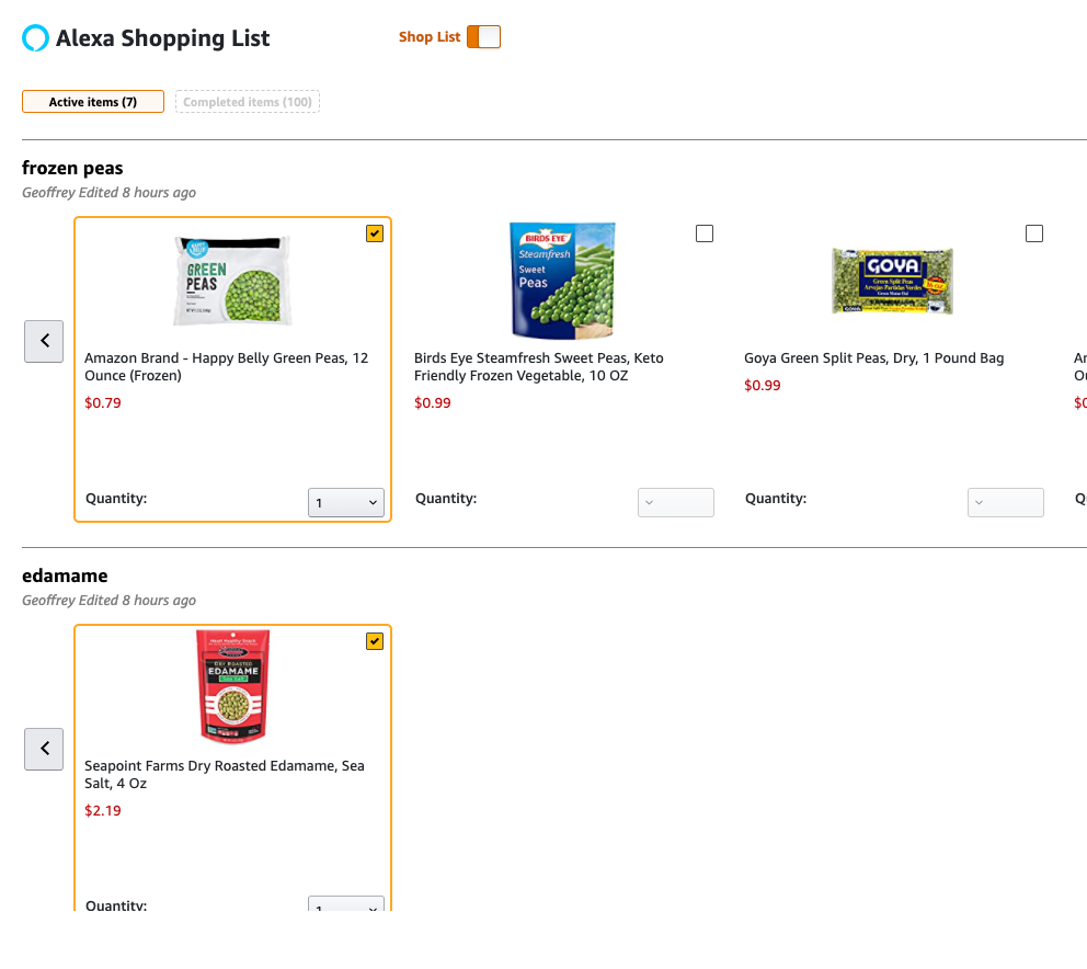 The Alexa app's Shop Your List screen showing Amazon Fresh and Whole Foods products for each list item