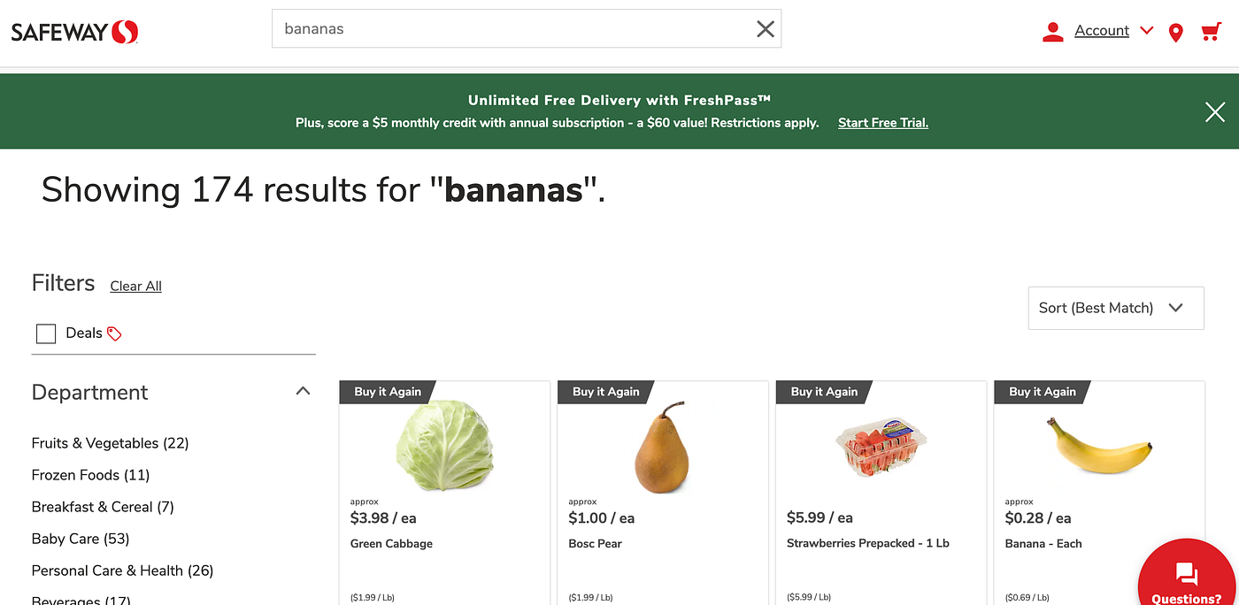Safeway search results for banana where the first result is a cabbage