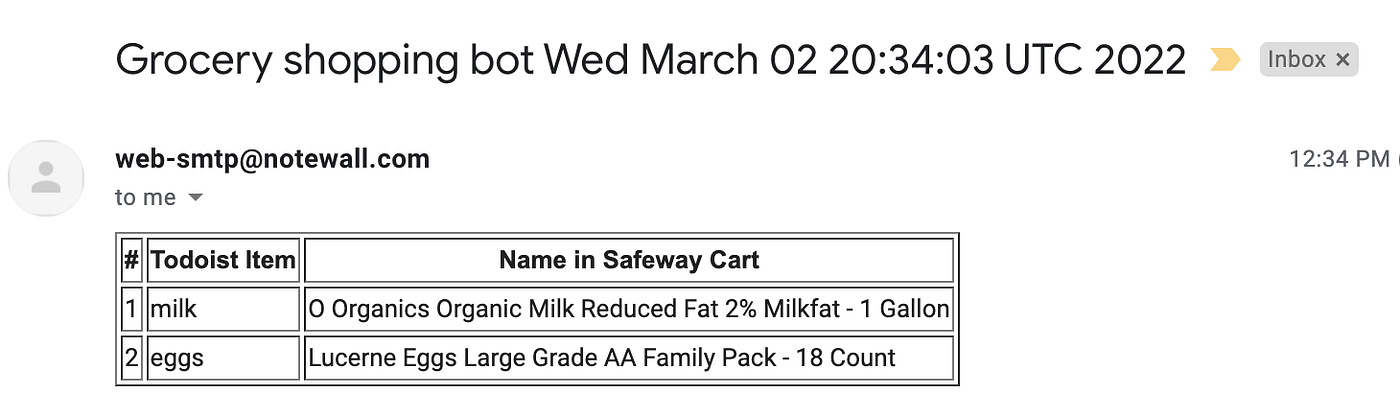 An email from the bot listing each Todoist item next to the Safeway item added to the cart