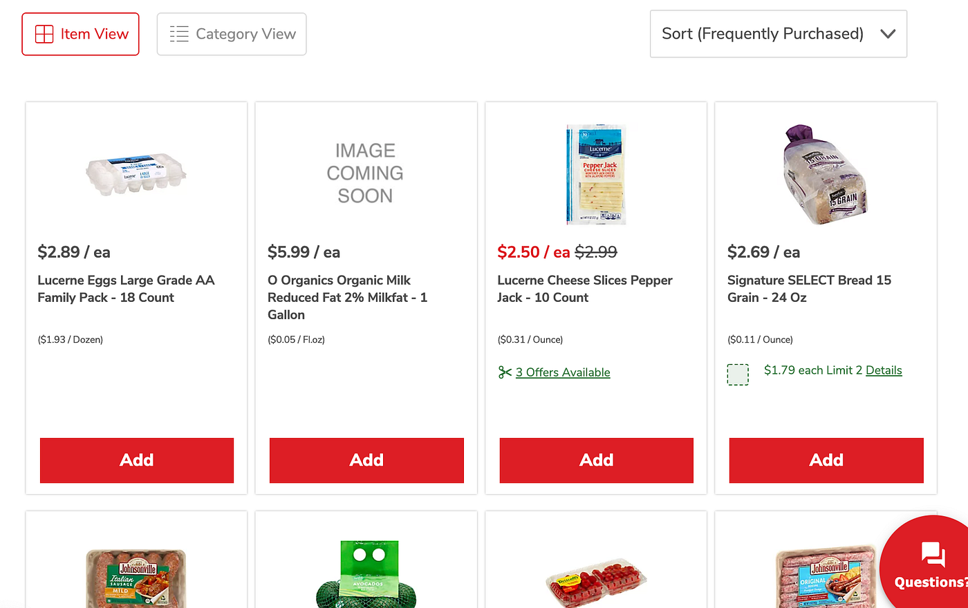 Safeway's Buy It Again page sorted by Frequently Purchased