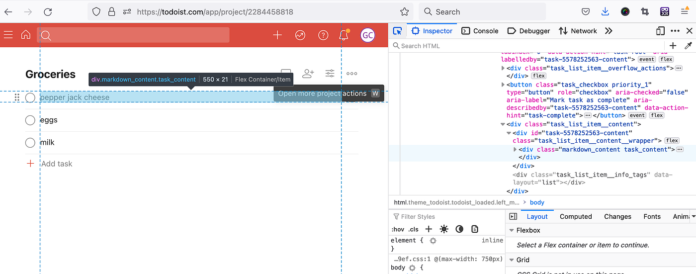 Firefox's Inspect feature highlighting an element in a web page