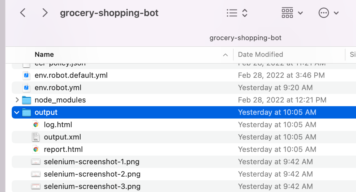 A directory listing of the output folder with the Robot Framework log and report files