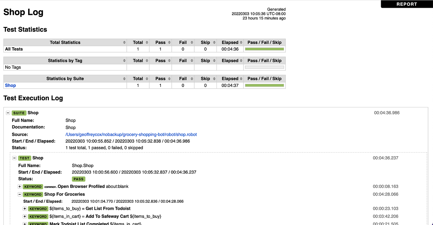 The Robot Framework log.html showing the bot's steps and screenshots