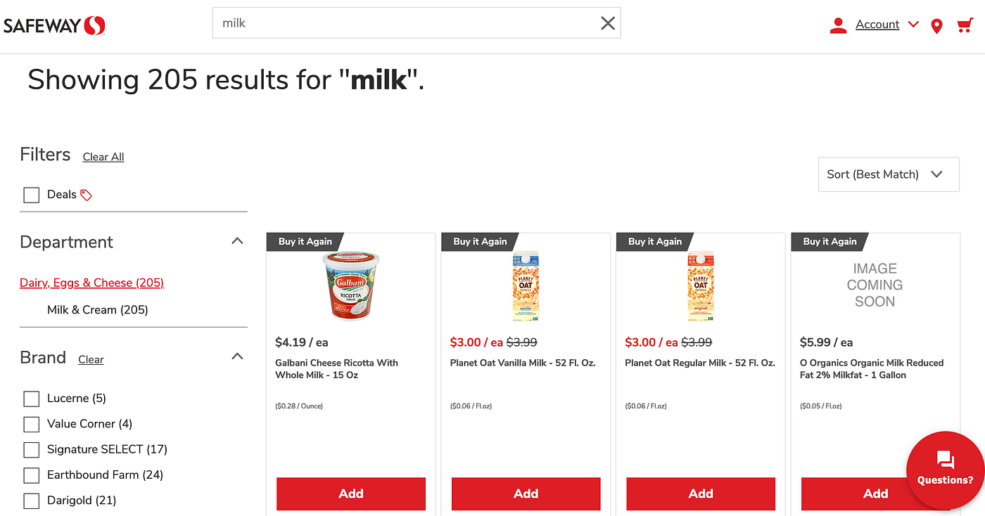 Safeway's search results page, ordered by Best Match