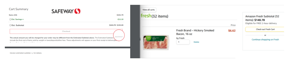 Two shopping carts of 32 similar items, one from Safeway and one from Amazon Fresh, with totals of roughly $150 each