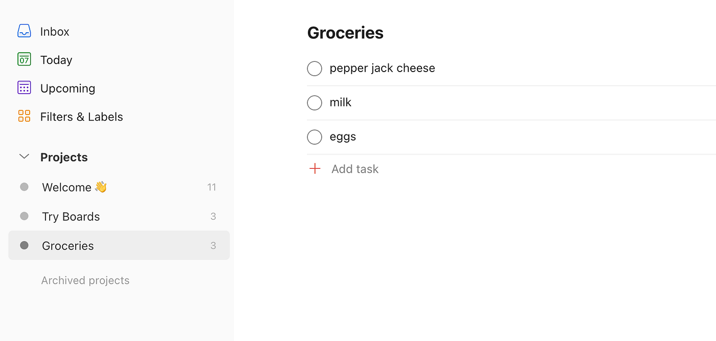 A Todoist shopping list of grocery items