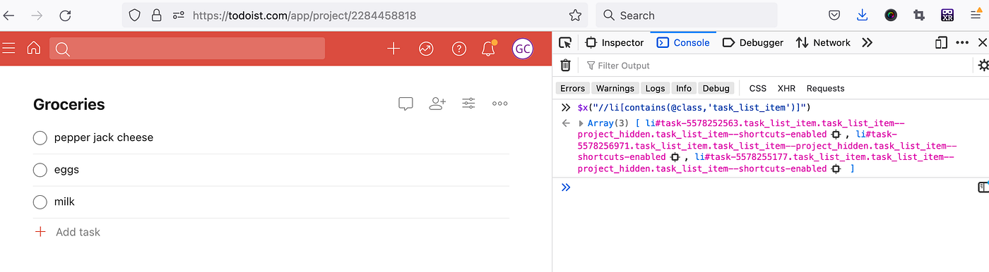 Testing an XPath query with the $x() function in the Firefox console