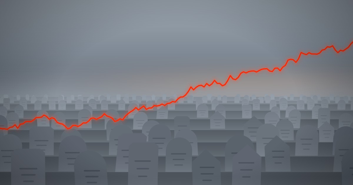 Rows of grey gravestones receding into fog under a dusk sky, with a single bright red line chart climbing through them from lower left to upper right
